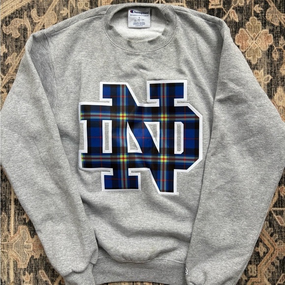 Champion Other - Champion Gray Notre Dame Sweatshirt with Blue Plaid Logo